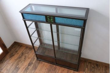 アンティーク家具　大正ロマン 古いタバコ屋の色ガラス入りショーケース(飾り棚、ガラスケース)