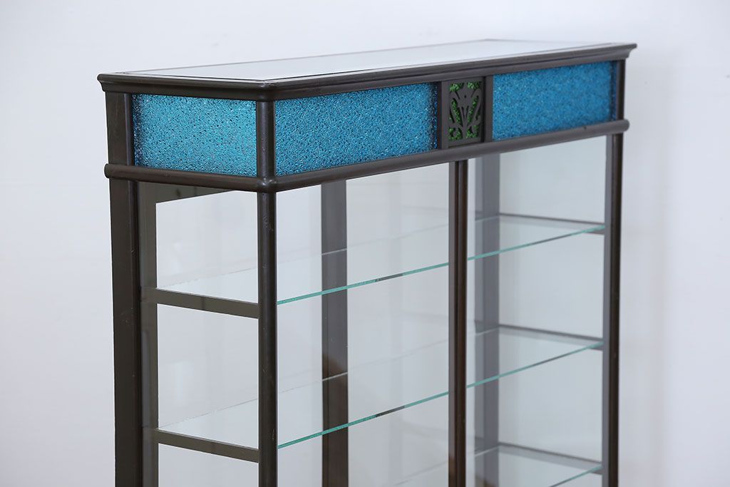 アンティーク家具　大正ロマン 古いタバコ屋の色ガラス入りショーケース(飾り棚、ガラスケース)