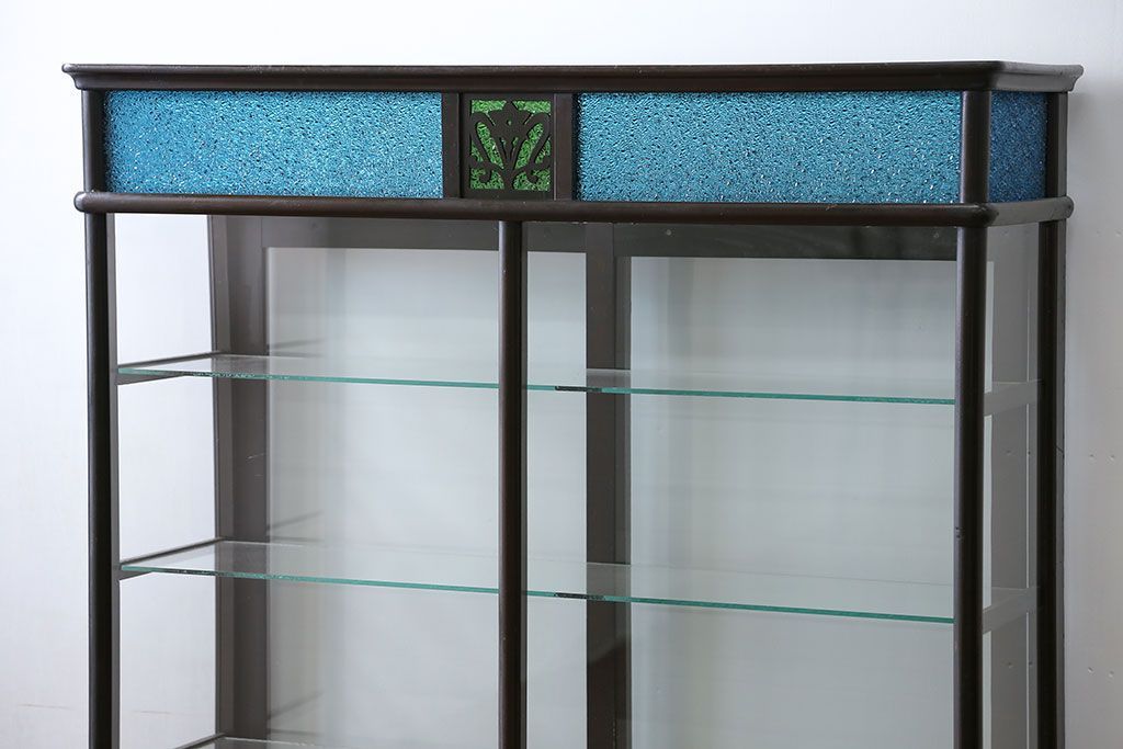 アンティーク家具　大正ロマン 古いタバコ屋の色ガラス入りショーケース(飾り棚、ガラスケース)