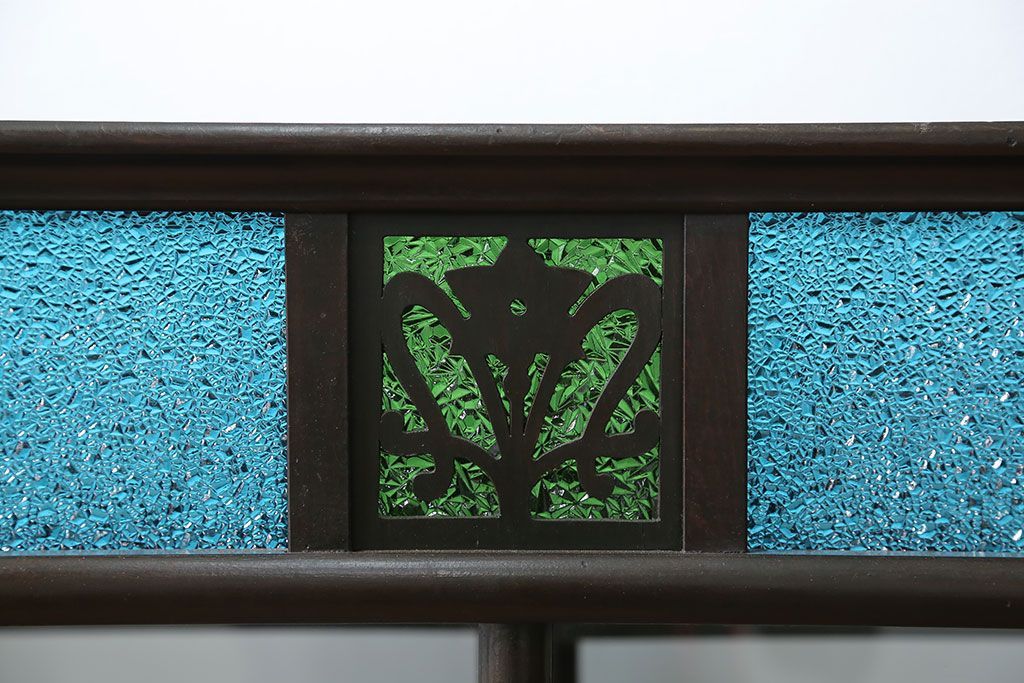 アンティーク家具　大正ロマン 古いタバコ屋の色ガラス入りショーケース(飾り棚、ガラスケース)