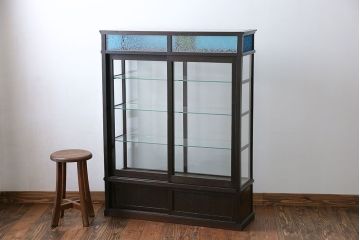 アンティーク家具　大正ロマン 古いタバコ屋の色ガラス入りショーケース(飾り棚、ガラスケース)