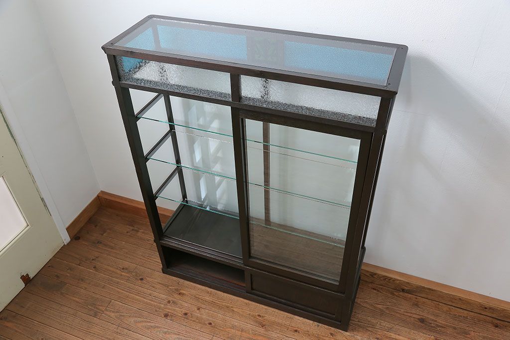 アンティーク家具　大正ロマン 古いタバコ屋の色ガラス入りショーケース(飾り棚、ガラスケース)