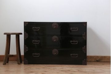 アンティーク家具　古民具・骨董 黒漆塗り 庄内箪笥ローボード(時代箪笥)