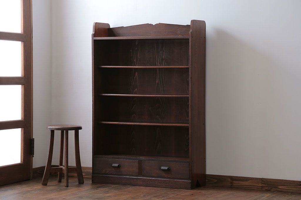 アンティーク家具　アンティーク 古い木の引き出し付き本棚(飾り棚)
