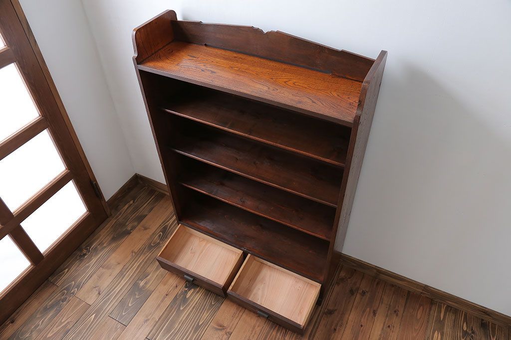 アンティーク家具　アンティーク 古い木の引き出し付き本棚(飾り棚)