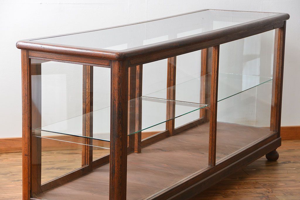 アンティーク家具　アンティーク 古いナラ材の4枚引き戸ガラスケース(ショーケース、飾り棚)