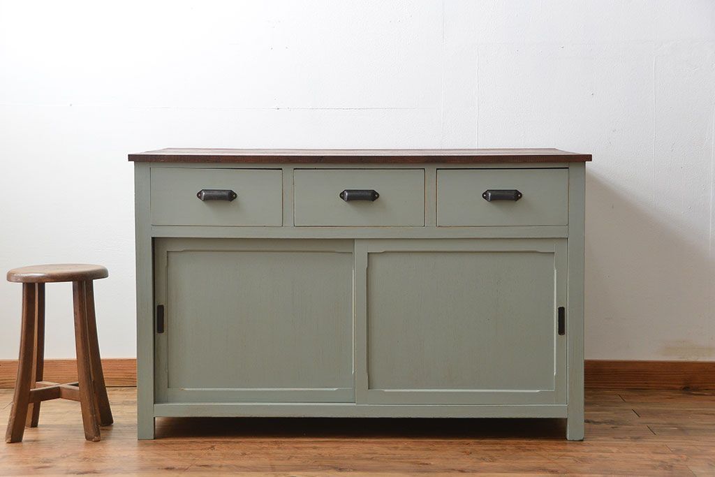 アンティーク家具　アンティークペイント 両面引き出し作業台(カウンターテーブル)