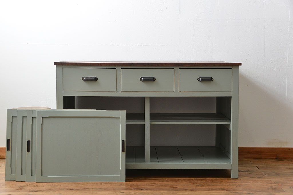 アンティーク家具　アンティークペイント 両面引き出し作業台(カウンターテーブル)