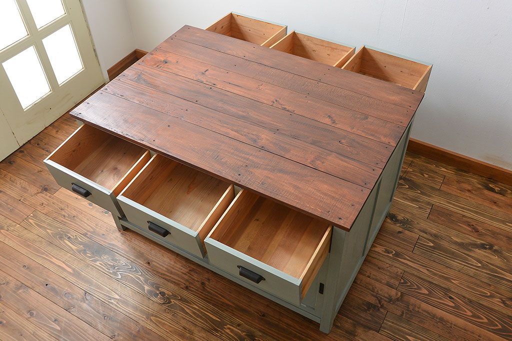 アンティーク家具　アンティークペイント 両面引き出し作業台(カウンターテーブル)