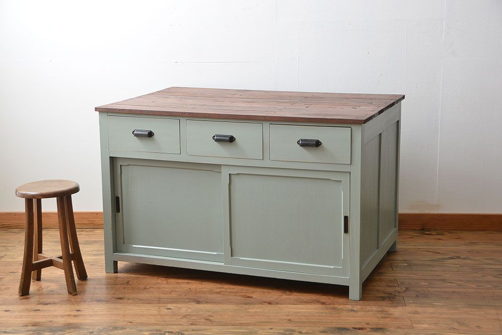 アンティーク家具　アンティークペイント 両面引き出し作業台(カウンターテーブル)