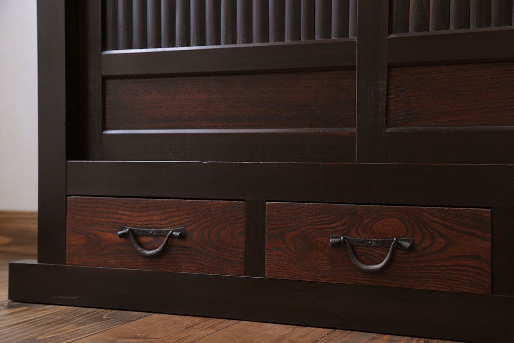 アンティーク家具　古民具・骨董 丸桟仕上げ 三尺水屋箪笥サイドボード(収納棚)