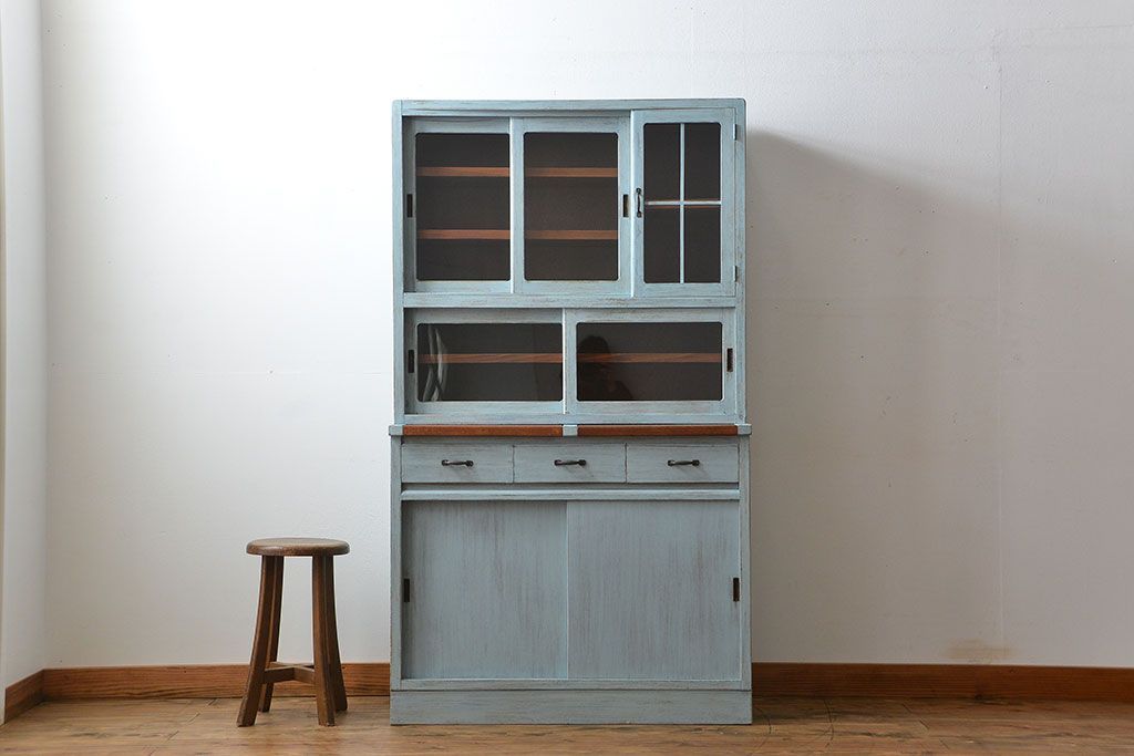 レトロ家具　昭和レトロ アンティークペイント シンプルな食器棚(カップボード)