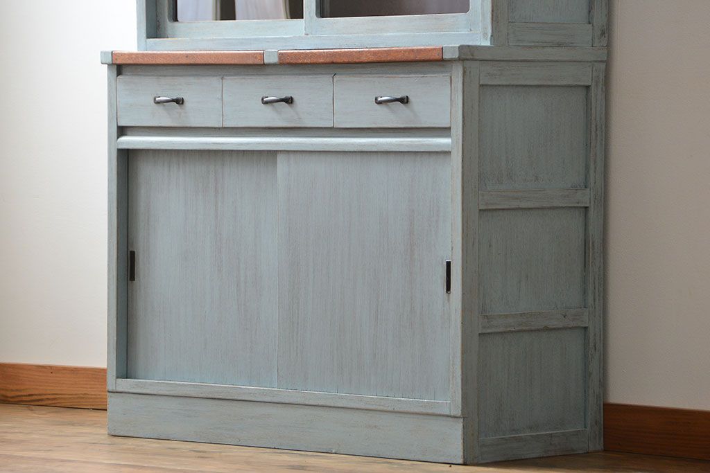 レトロ家具　昭和レトロ アンティークペイント シンプルな食器棚(カップボード)