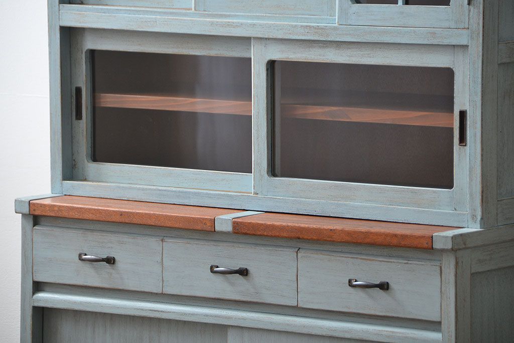 レトロ家具　昭和レトロ アンティークペイント シンプルな食器棚(カップボード)