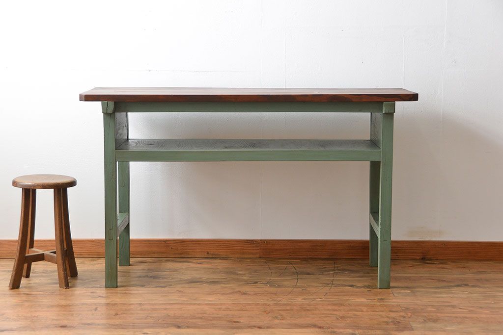 アンティーク家具　アンティークペイント　シンプルな横長作業台(テーブル、机)