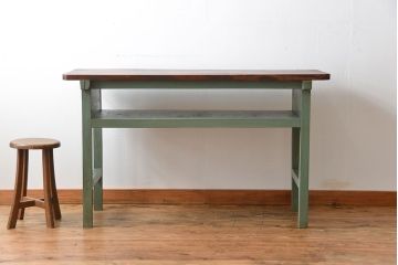 アンティーク家具　アンティークペイント　シンプルな横長作業台(テーブル、机)