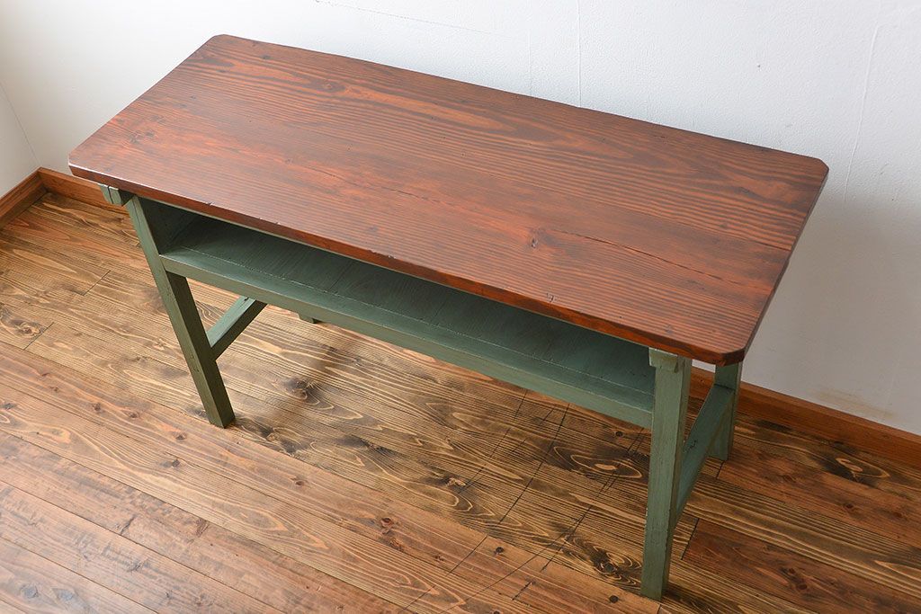 アンティーク家具　アンティークペイント　シンプルな横長作業台(テーブル、机)