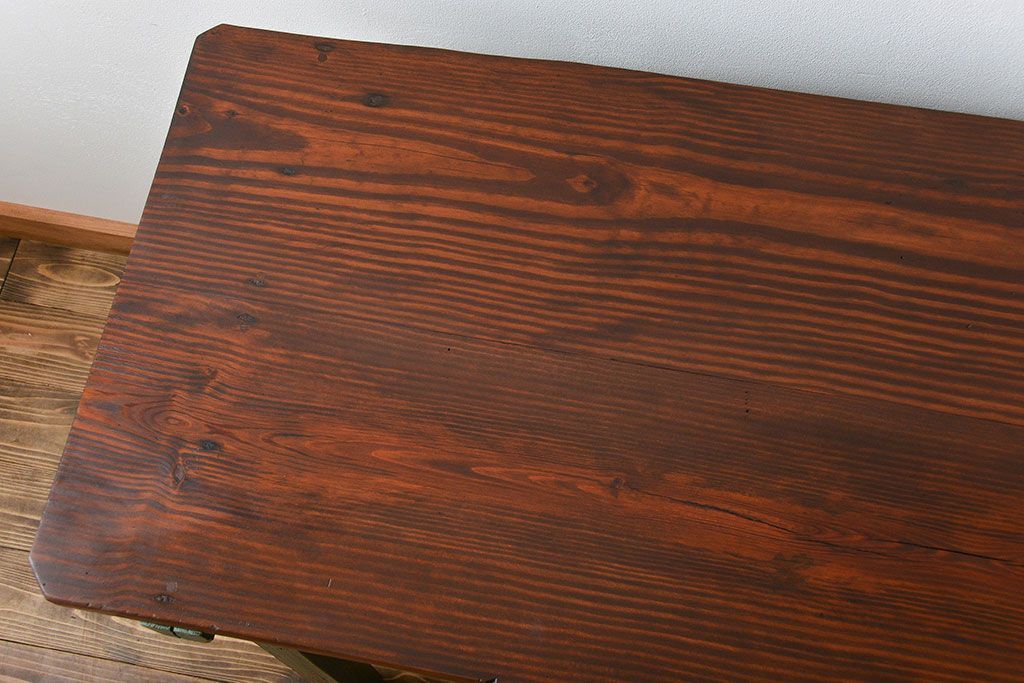 アンティーク家具　アンティークペイント　シンプルな横長作業台(テーブル、机)