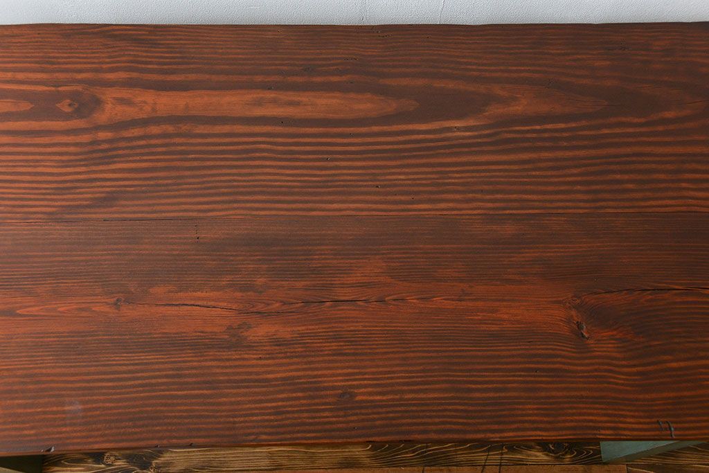 アンティーク家具　アンティークペイント　シンプルな横長作業台(テーブル、机)