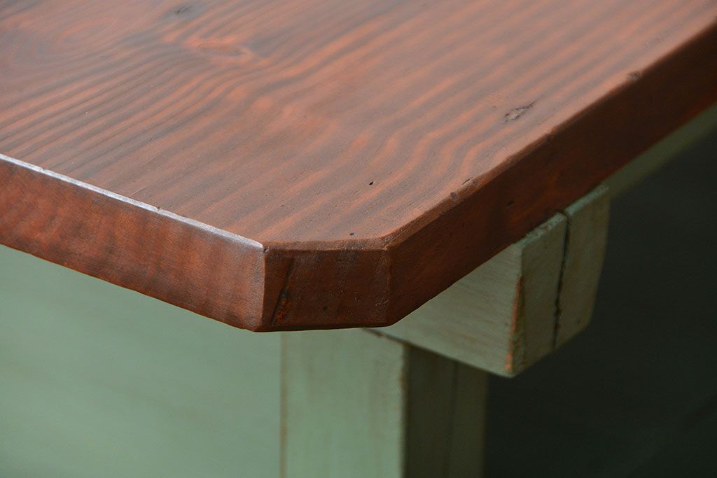 アンティーク家具　アンティークペイント　シンプルな横長作業台(テーブル、机)