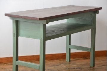 アンティーク家具　アンティークペイント　シンプルな横長作業台(テーブル、机)