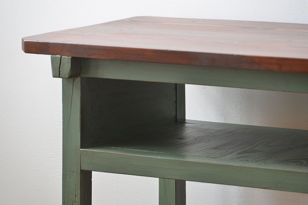 アンティーク家具　アンティークペイント　シンプルな横長作業台(テーブル、机)