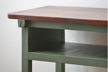 アンティーク家具　アンティークペイント　シンプルな横長作業台(テーブル、机)
