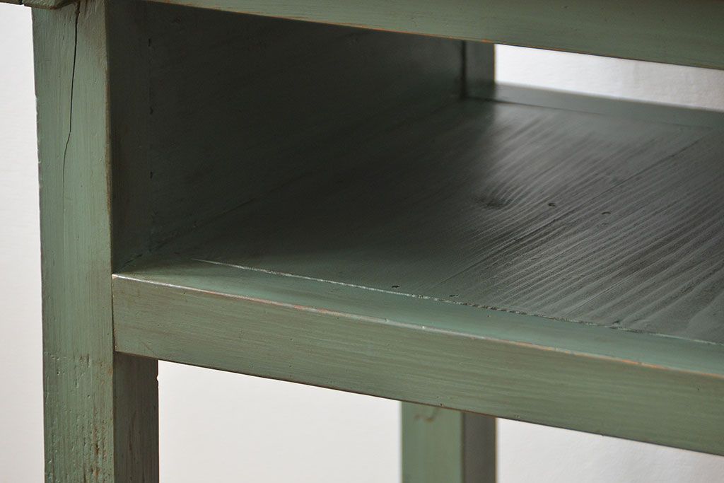 アンティーク家具　アンティークペイント　シンプルな横長作業台(テーブル、机)