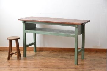 アンティーク家具　アンティークペイント　シンプルな横長作業台(テーブル、机)