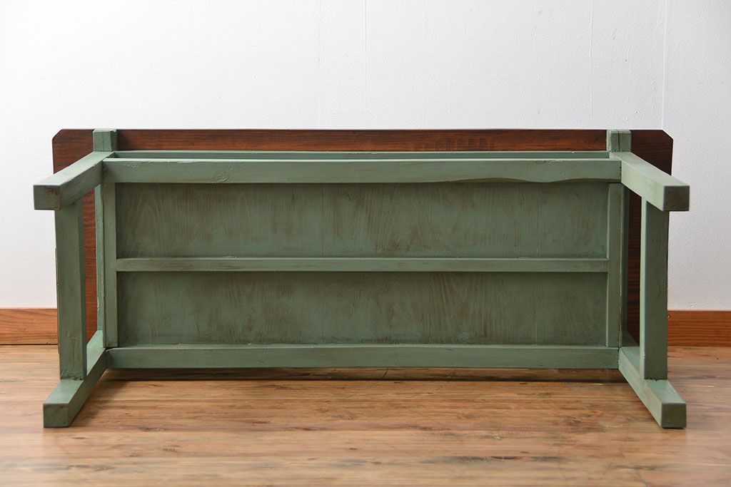 アンティーク家具　アンティークペイント　シンプルな横長作業台(テーブル、机)