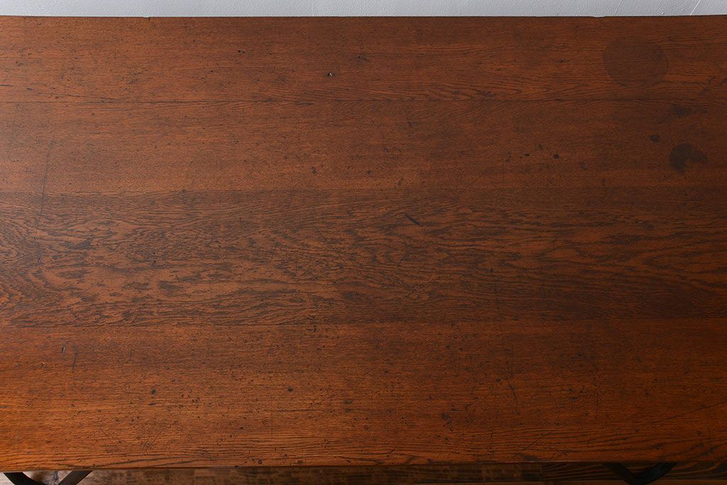 アンティーク家具　アンティーク 天板ナラ材の大きな鉄脚作業台(テーブル、机)