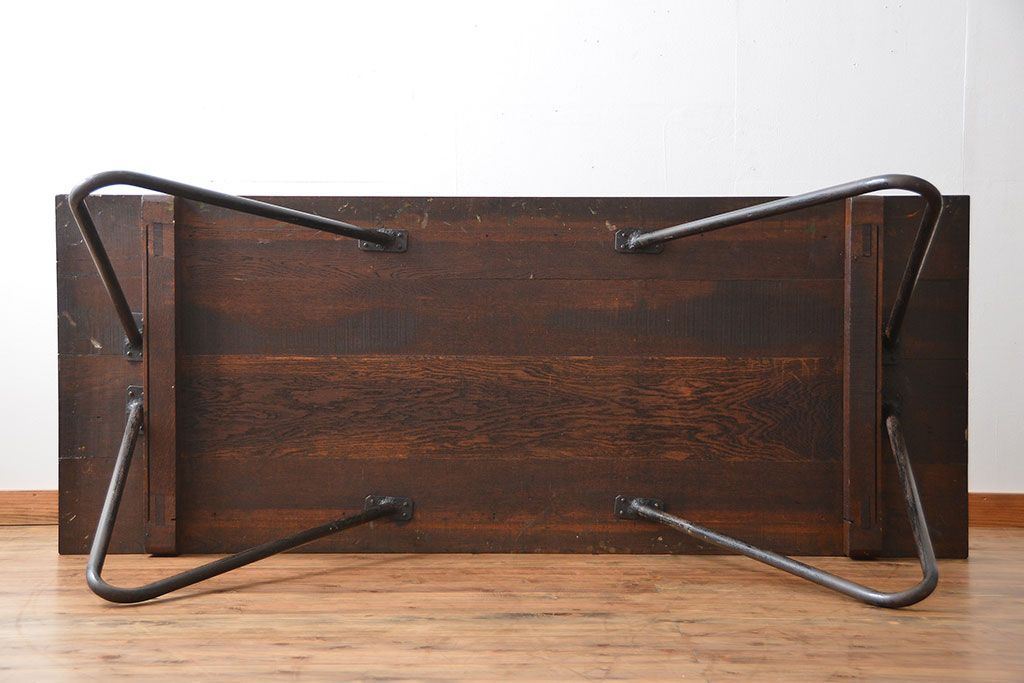 アンティーク家具　アンティーク 天板ナラ材の大きな鉄脚作業台(テーブル、机)