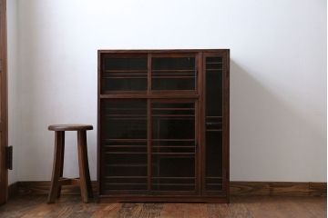 レトロ家具　昭和レトロ 古い木の気泡ガラス収納棚(戸棚、食器棚、下駄箱)
