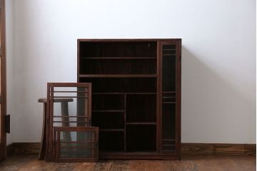レトロ家具　昭和レトロ 古い木の気泡ガラス収納棚(戸棚、食器棚、下駄箱)