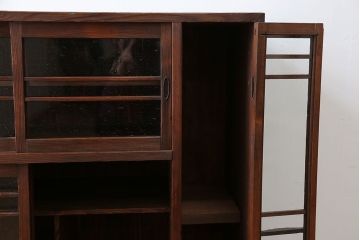 レトロ家具　昭和レトロ 古い木の気泡ガラス収納棚(戸棚、食器棚、下駄箱)