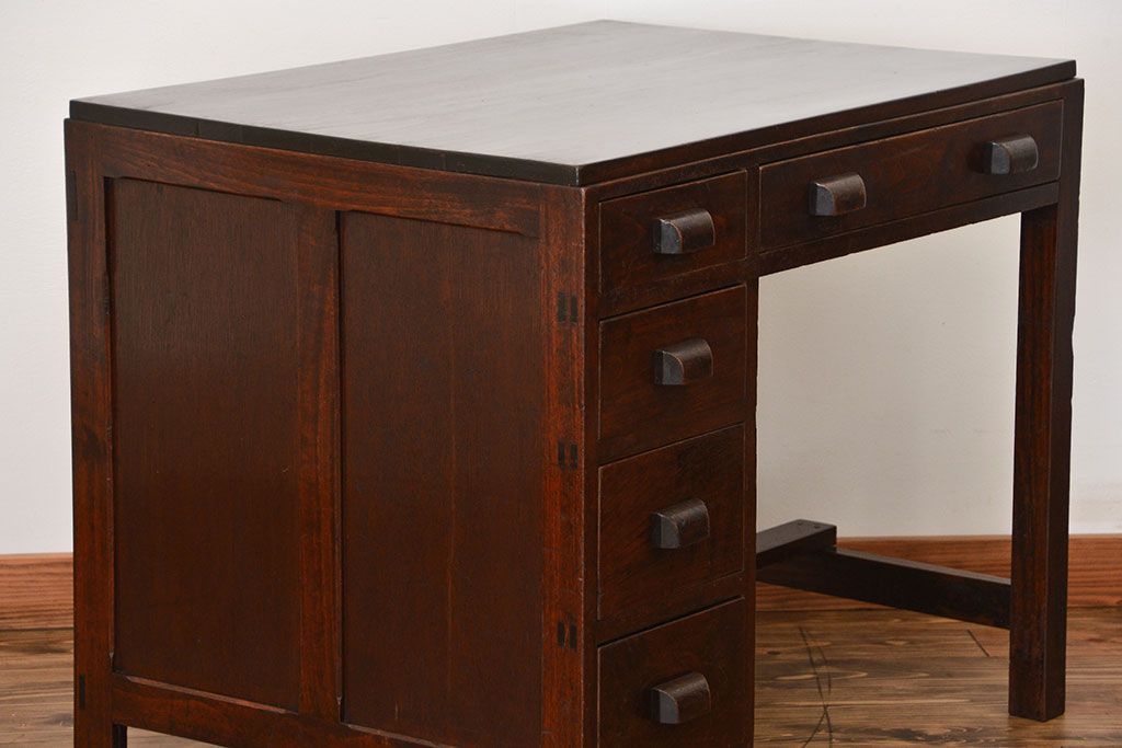 アンティーク家具　希少なアンティーク左片袖机(テーブル、デスク、在宅ワーク、在宅用)