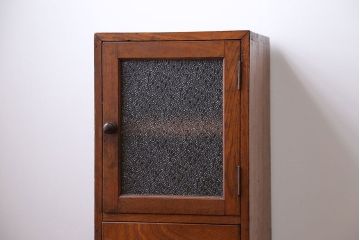 アンティーク家具　アンティーク 古いナラ材のダイヤガラス入り縦型収納棚(引き出し)