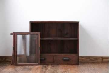 アンティーク家具　アンティーク 古い木の小さなモールガラス収納棚(戸棚)