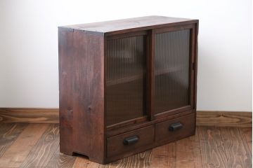 アンティーク家具　アンティーク 古い木の小さなモールガラス収納棚(戸棚)