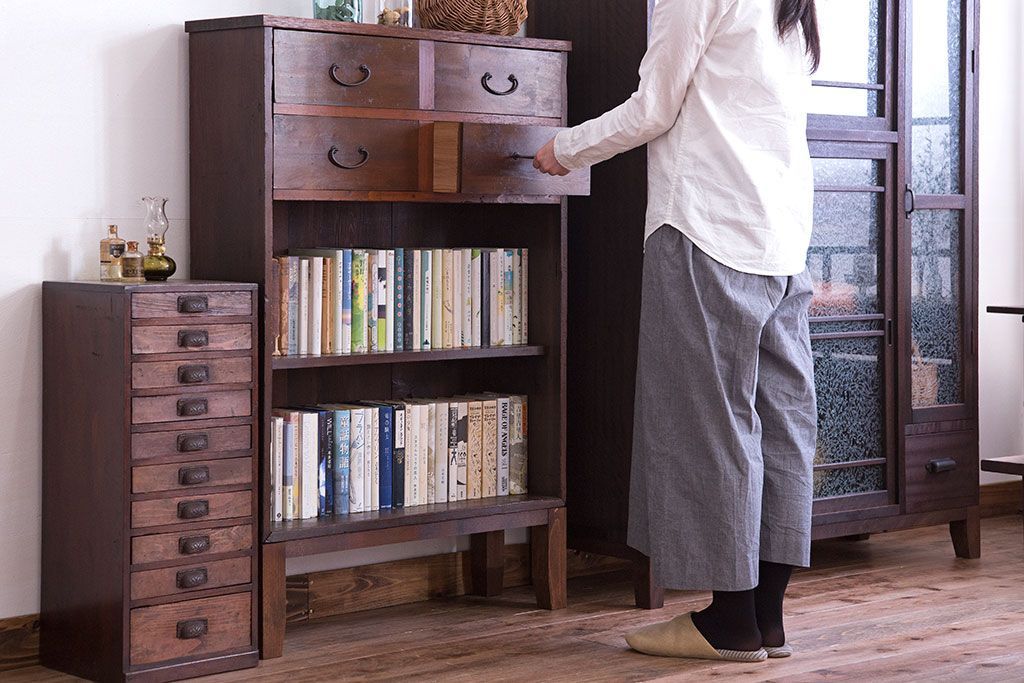 レトロ家具　昭和レトロ 薄型4杯引き出し付き本棚