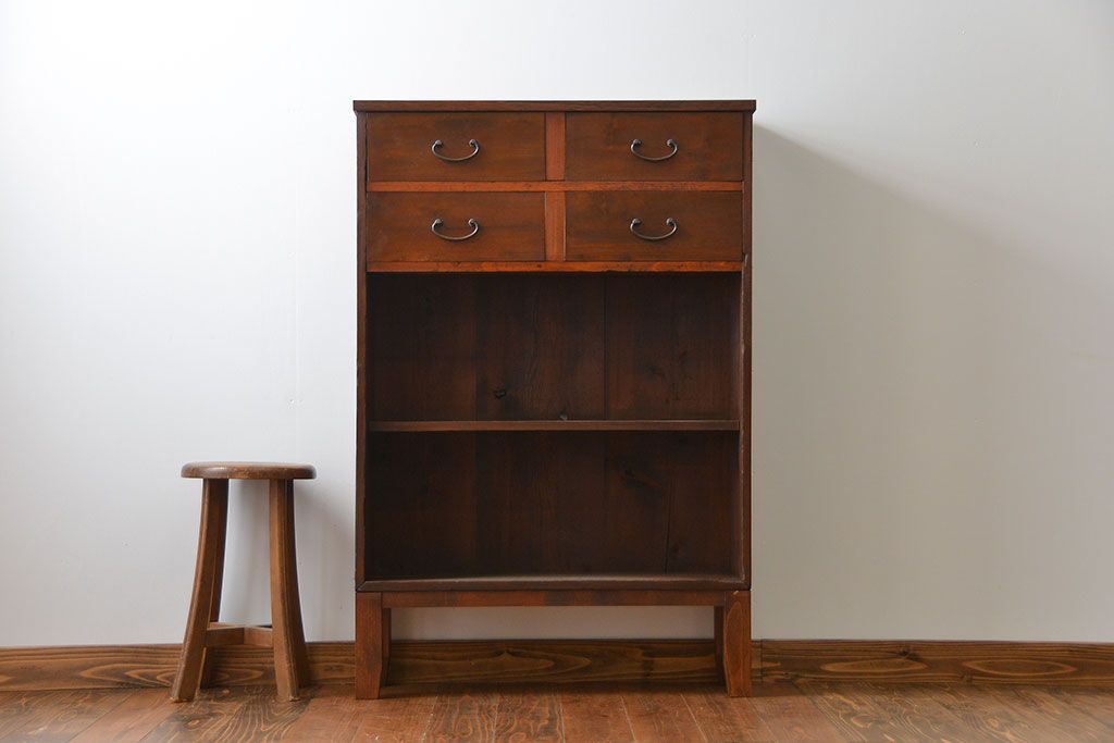 レトロ家具　昭和レトロ 薄型4杯引き出し付き本棚