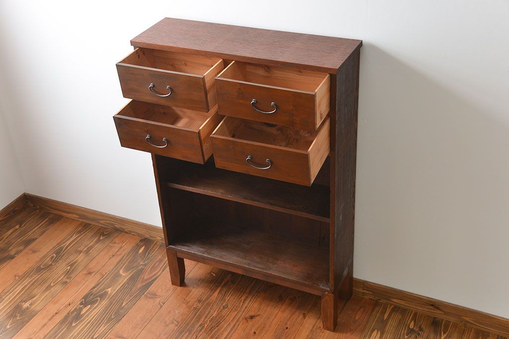 レトロ家具　昭和レトロ 薄型4杯引き出し付き本棚