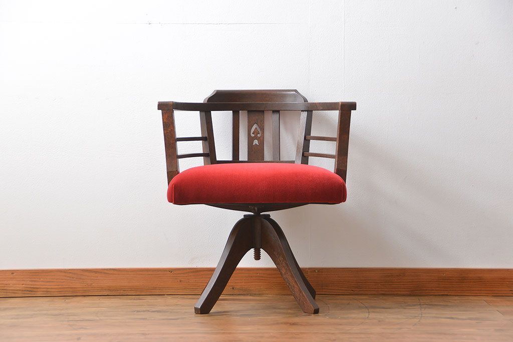 アンティーク家具　大正ロマン　ナラ材!アンティークアームチェア(回転イス)