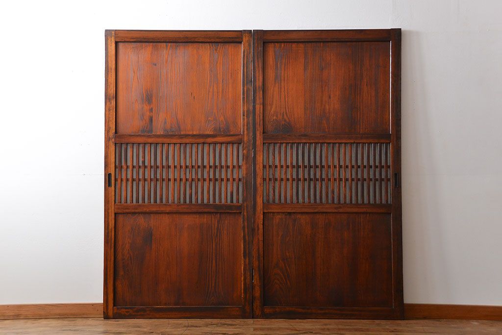 アンティーク　味わい深いダイヤガラス入り格子帯戸2枚セット(建具、板戸、ガラス帯戸)