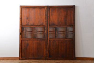 アンティーク　味わい深いダイヤガラス入り格子帯戸2枚セット(建具、板戸、ガラス帯戸)