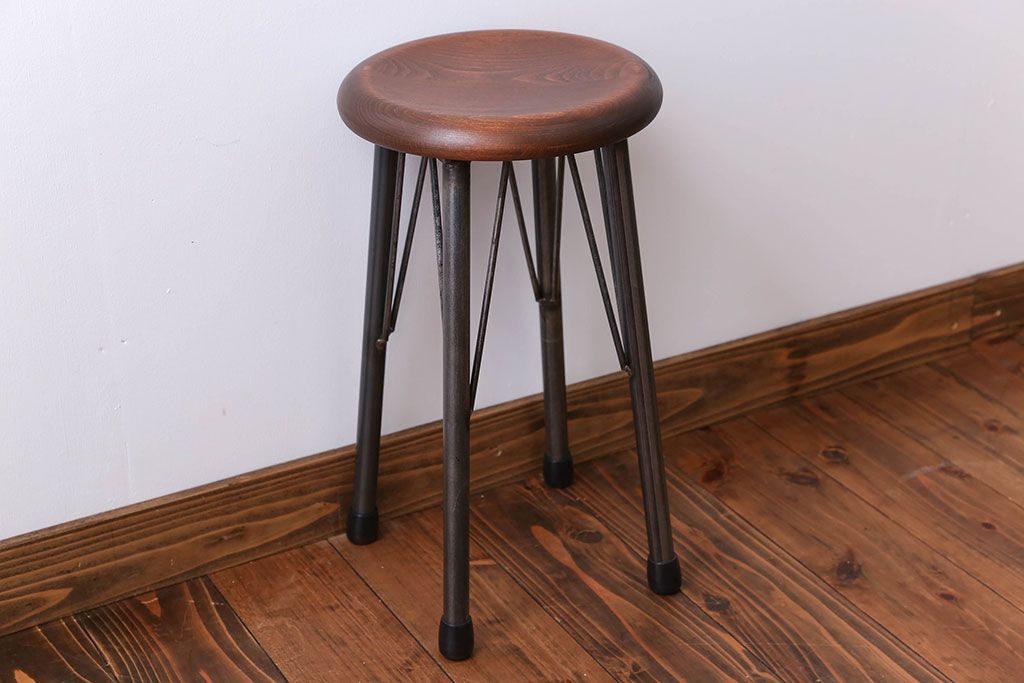 ラフジュ工房オリジナル 鉄脚×木製 丸スツール1脚(椅子、イス)