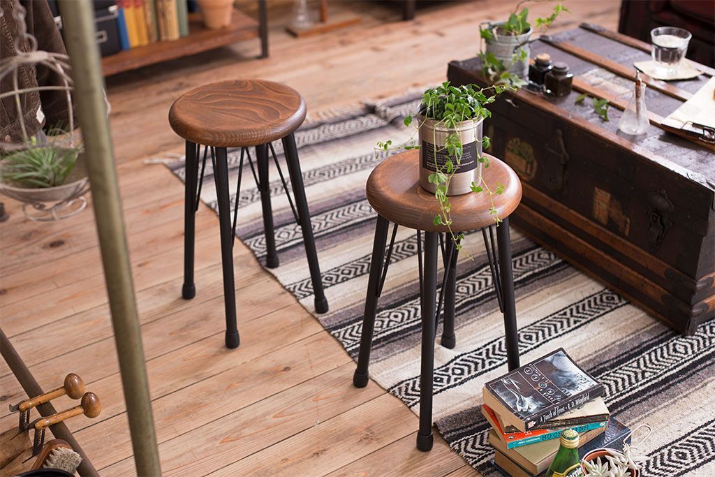 ラフジュ工房オリジナル 鉄脚ペイント×木製 丸スツール2脚セット(椅子、イス)