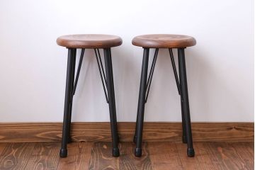 ラフジュ工房オリジナル 鉄脚ペイント×木製 丸スツール2脚セット(椅子、イス)