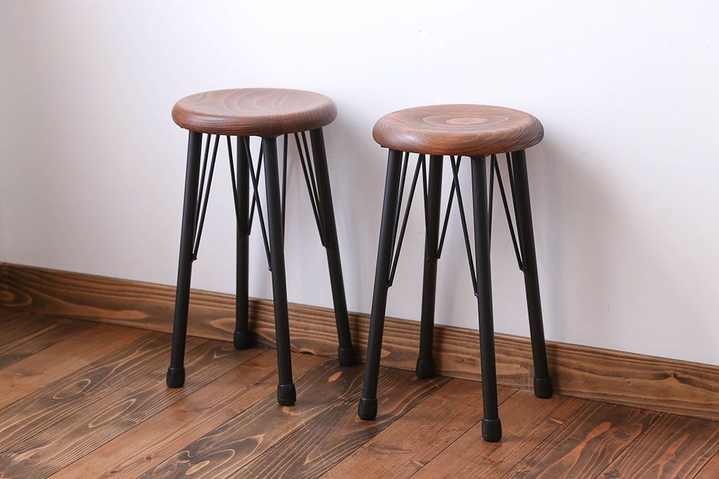 ラフジュ工房オリジナル 鉄脚ペイント×木製 丸スツール2脚セット(椅子、イス)