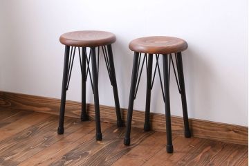 ラフジュ工房オリジナル 鉄脚ペイント×木製 丸スツール2脚セット(椅子、イス)